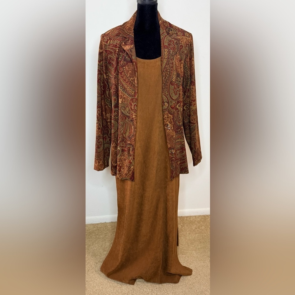 Vintage Coldwater Creek faux suede brown maxi sheath dress & paisley jacket 10